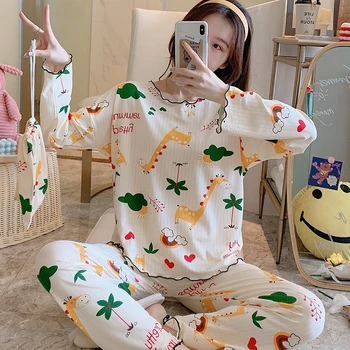 

2020 Autumn Pyjamas Set Women Sleepwear Carton Cute Pijama Pattern Pajamas Set Thin Pijamas Mujer Sleepwear Nightwear