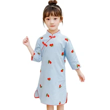 Летнее платье принцессы для маленьких девочек, 1 предмет Повседневный чеонгсам с вишневым узором и длинными рукавами розового и синего цвета