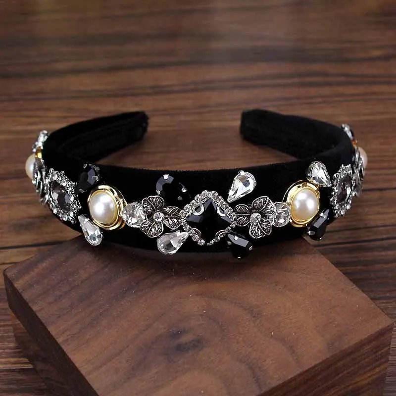 vintage black Винтажная роскошь барокко AB фиолетовая и черная Хрустальная лента для волос Бохо опал повязка на голову с жемчужным цветком для женщин аксессуары для волос ювелирные изделия - Окраска металла: vintage black