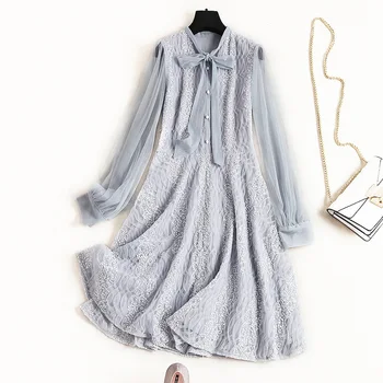 

Women 2020 spring summer lace dress bow collar patchwork long mesh sleeve a line cute sequined dresses blue