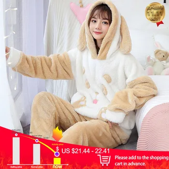 

Women Autumn Pajams Sets Hooded Flannel Female Sleep Nightgown Velvet Thicken Cute Sleepwear Nightie Cartoon Pattern Night Set