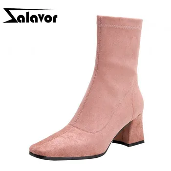 

ZALAVOR Stretch Ankle Boots For Women Solid Color Square Heel Shoes Women Thick Heel Casual Outdoor Mujer Footwear Size 32-43