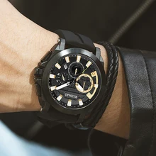 RUIMAS relojes de cuarzo impermeables para hombre, reloj de pulsera informal con espejo Hardlex dorado, luminoso, calendario, cronómetro