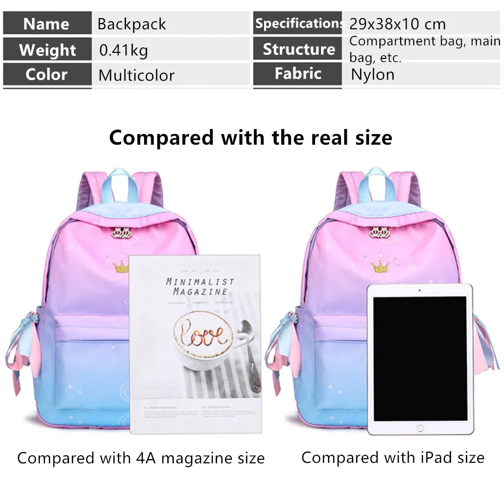 Backpack Female Student Bag Korean Version Of Nylon Travel Bag Printing Gradient Crown Multi-function Girl Heart Backpacks