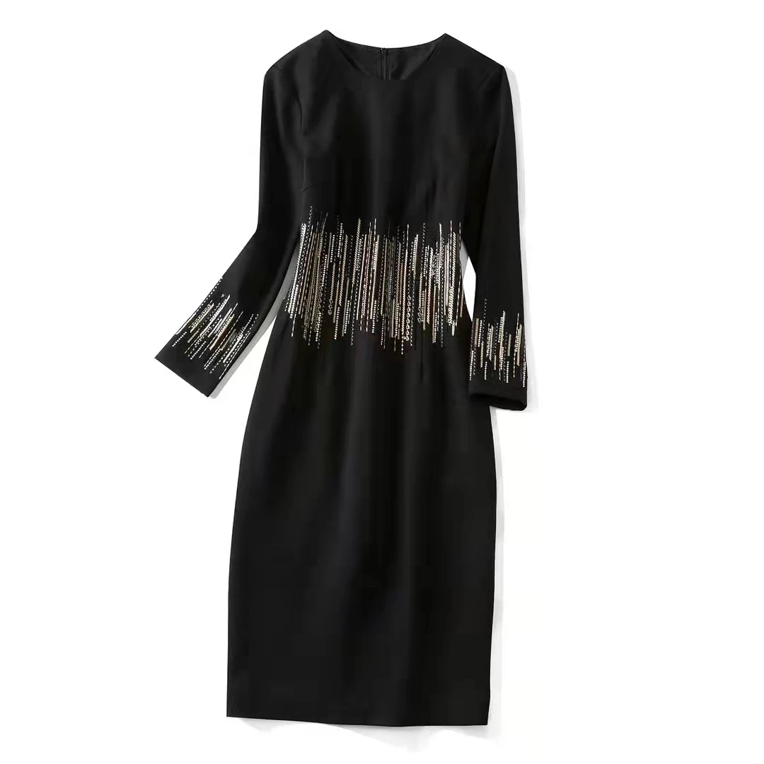 

European and American women's wear new autumn 2022 Long sleeve beaded embroidery fashion Black slim dress