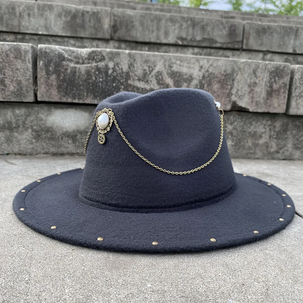 2Size Wool Women Men Black Steampunk Fedora Hat Acrylic Gems Wide Brim Jazz Church Cap Panama Sun Top Hat wide brim fedora mens