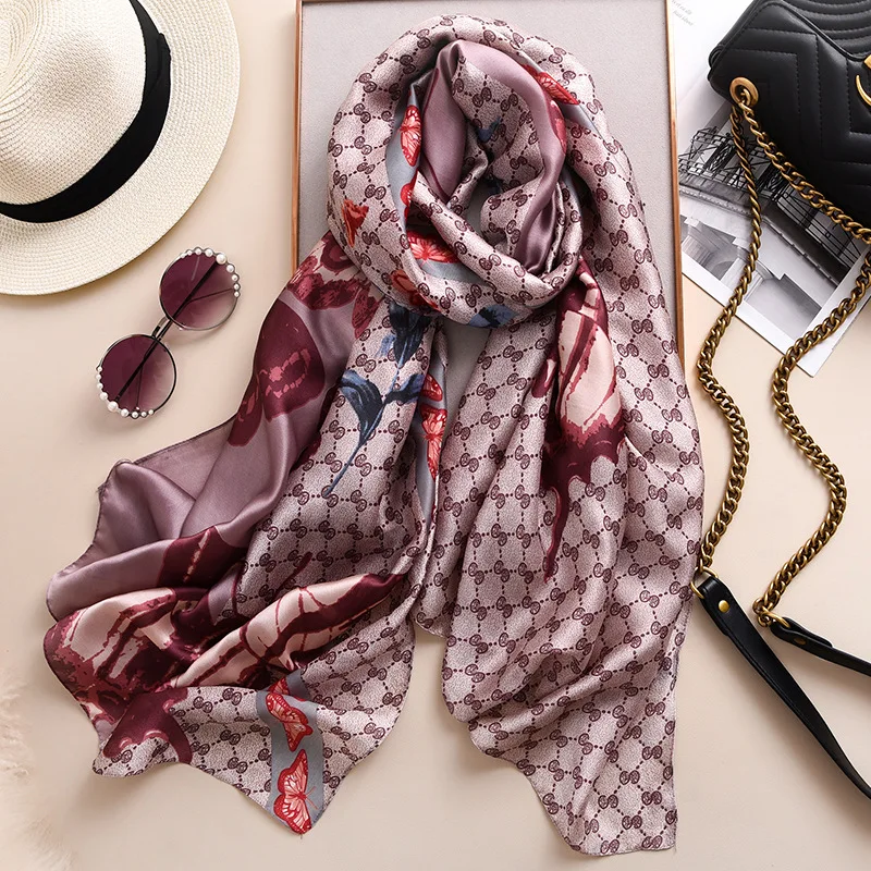 Luxury Silk Scarf Women Soft Foulard Pashmina Scarves Butterfly Print Shawls Wraps Hijab Female Neck Headband Bufanda Stole