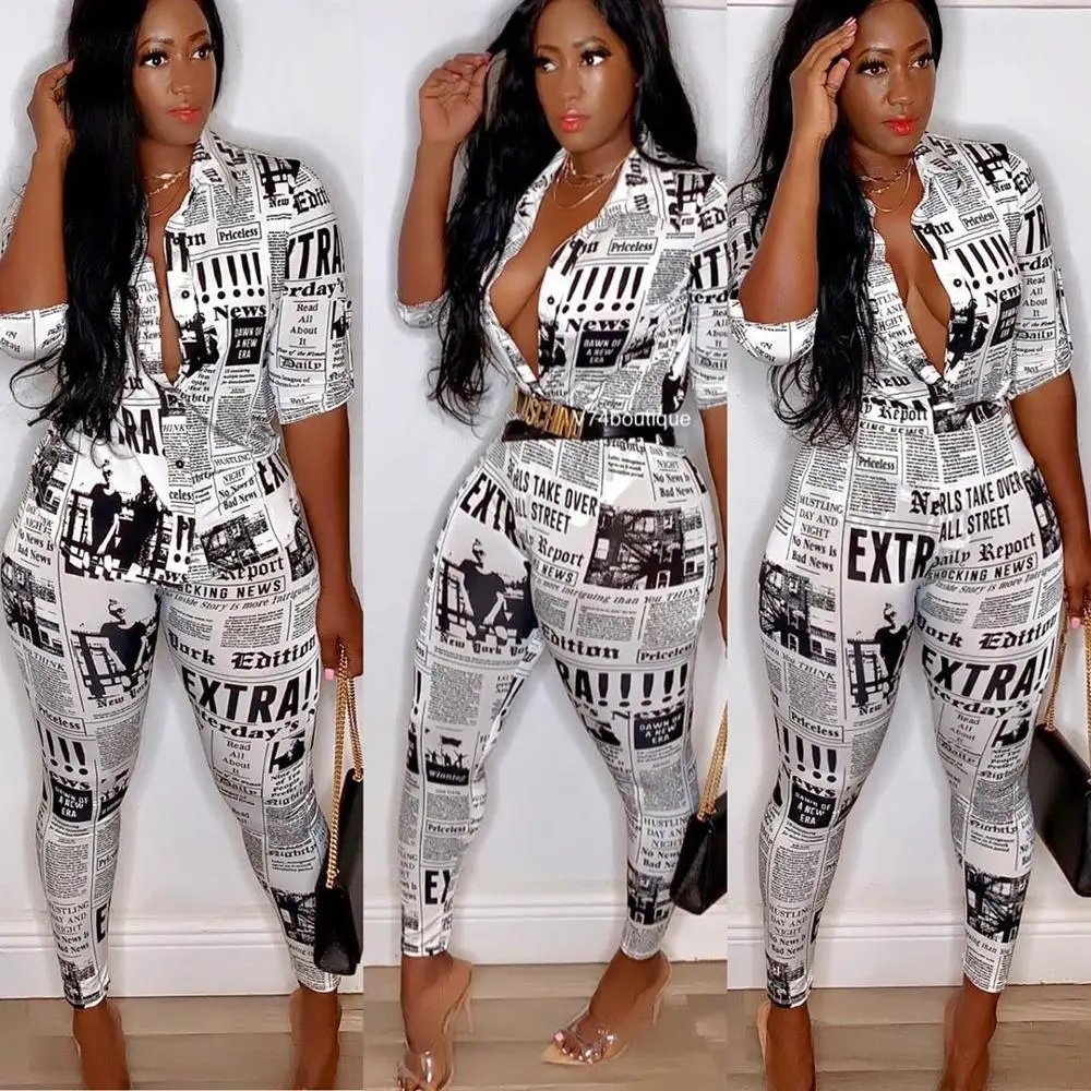 

2020 Newspaper Print Two Piece Sets Women Turn-down Collar Button Up Blouses Shirts and Pencil Pants Suit Club 2 Piece Outfits
