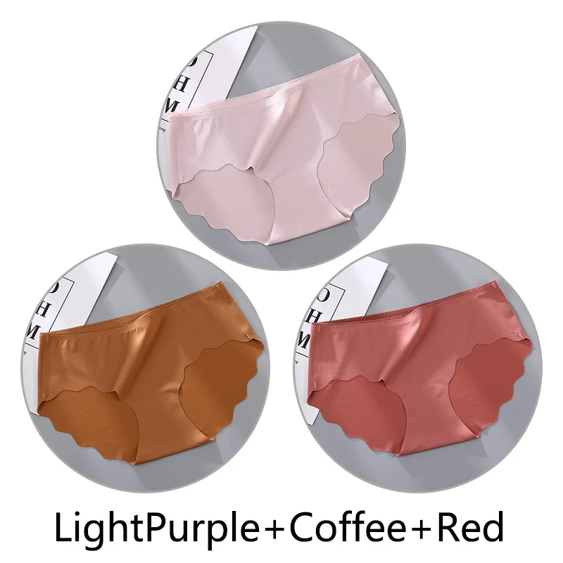 L-Purple Coffee Red 3 шт сплошной цвет мягкие трусики бесшовные женские сексуальные оборки женские дышащие трусы натуральный шелк антибактериальные промежность нижнее белье на Клее - Цвет: L-Purple Coffee Red