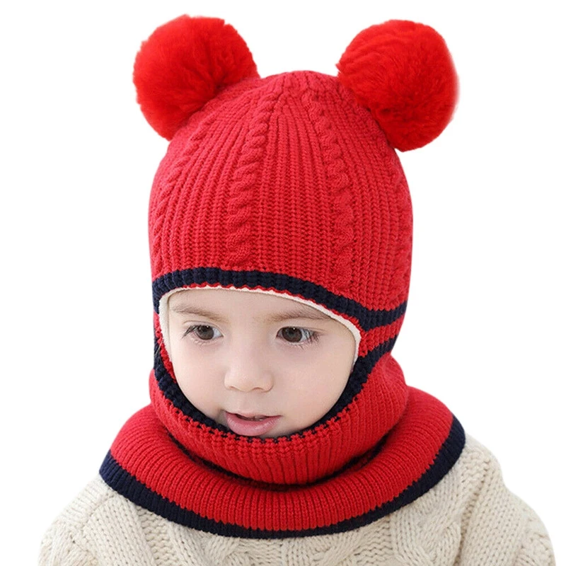 

Boys and Girls Hooded Scarf Hat Winter Warm Children's Bib One-Piece Hat Plus Velvet Thickening Ear Protection Face One Knitted