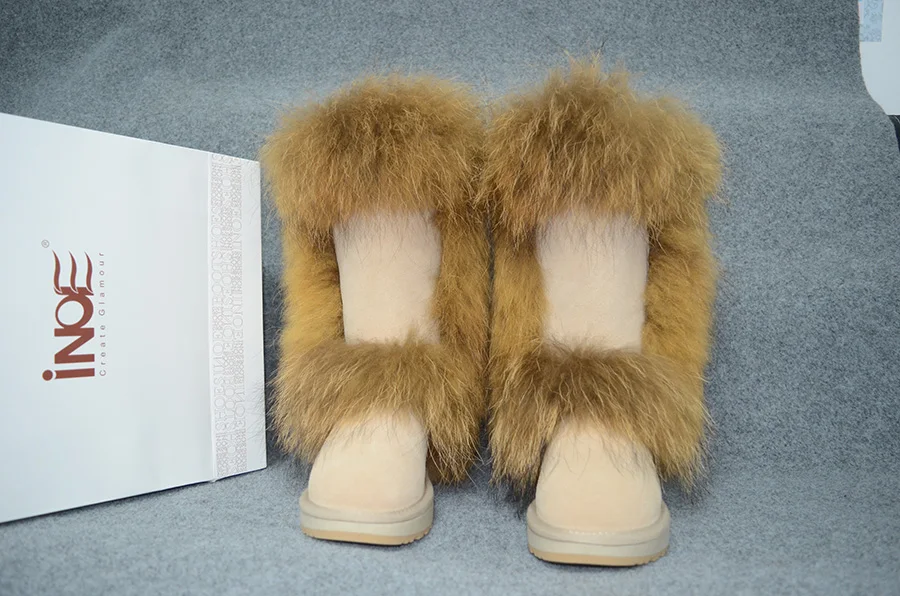 INOE сапоги женские модные натуральный лисий мех сапоги натуральная коровья кожа замша женская тёплая обувь на снежную погоду зимняя обувь водонепроницаемые ботфорты высокое качество высокие на плоской подошве удобные