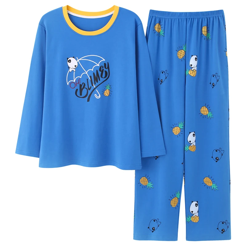 M-5XL, женская мягкая Хлопковая пижама, набор, длинный рукав, ночная рубашка, с принтом, домашняя одежда, пижама, женская одежда для сна, пижама из двух частей