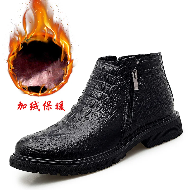 

2019 Winter Crocodile Pattern Men's Boot Warm plus Velvet Genuine Leather Martin Boots Retro Leather Boots Wear-Resistant Cotton