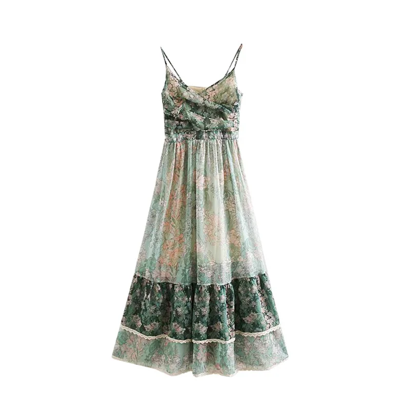 

Very Fairy of France Non-mainstream Platycodon Grandiflorum Long Skirts Women's Summer Camisole Floral French Retro Long Green S