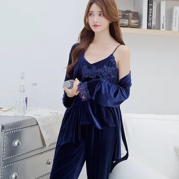 

Winter Warm Pajamas Set Women Sleep Set Deep Gold Velvet Sexy Homewear Pijama Women Pajama Sets Long Pant Set Robe sleepwear new