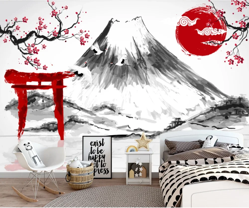 Custom Mural Wallpaper 3D Nordic Abstract Black and White Japan Mount Fuji Plum Tooling Background Wall hokusai thirty six views of mount fuji