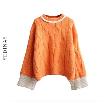 

Yedinas Pullover Sweater Knitted Women Winter 2020 Patchwork O Neck Ladies Jumpers Sweaters Loose Warm Oversized Sweater Korean