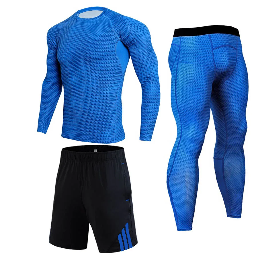 Компрессионный костюм Фитнес-плотно спортивная одежда комплект для бега футболка леггинсы змеиная Мужская спортивная одежда спортивный костюм - Цвет: 3-piece set
