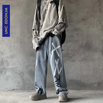 

UNCLEDONJM Graffiti Print Casual Baggy Denim Jeans Hip Hop Hipster Streetwear Pants Men Fashion Punk Rock Trousers Male AN-C032