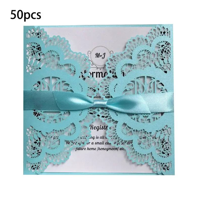 Tiffany Blue 50 шт свадебные пригласительные открытки с лентой лазерная резка Цветочные сверкающие помолвки крещение приглашения на день рождения поздравительная открытка - Цвет: Tiffany Blue