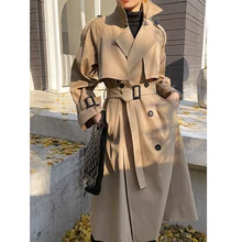 Elegant Turn-Down Collar Ladies Trench Coats 2021 Winter British Style Fashion Women`S Long Sleeve Belted Loose Windbreaker Coat
