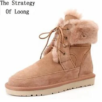 

Winter Outdoor Women Snow Boots Lady Genuine Leather Plush Fur Cross-tied Handmade Botas Ladies Equestrian Short Boots 191110