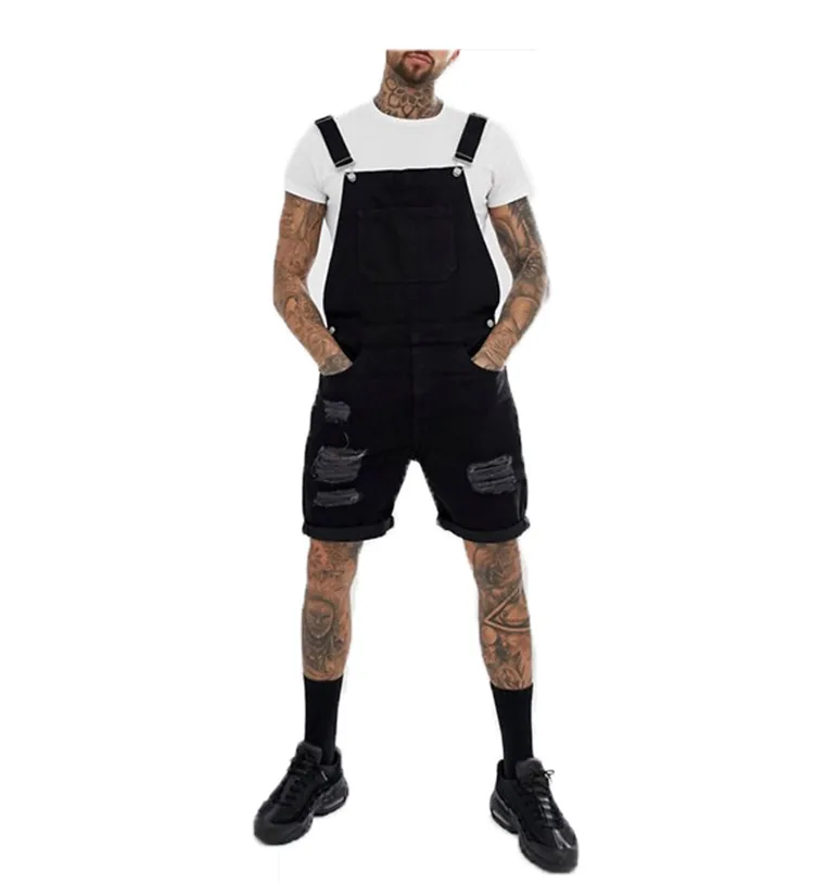 Men Jeans Jumpsuits Shorts Protection Safety Ripped Denim Bib Overalls For Male Suspender Pants New Fashion Casual Black Summer (4)