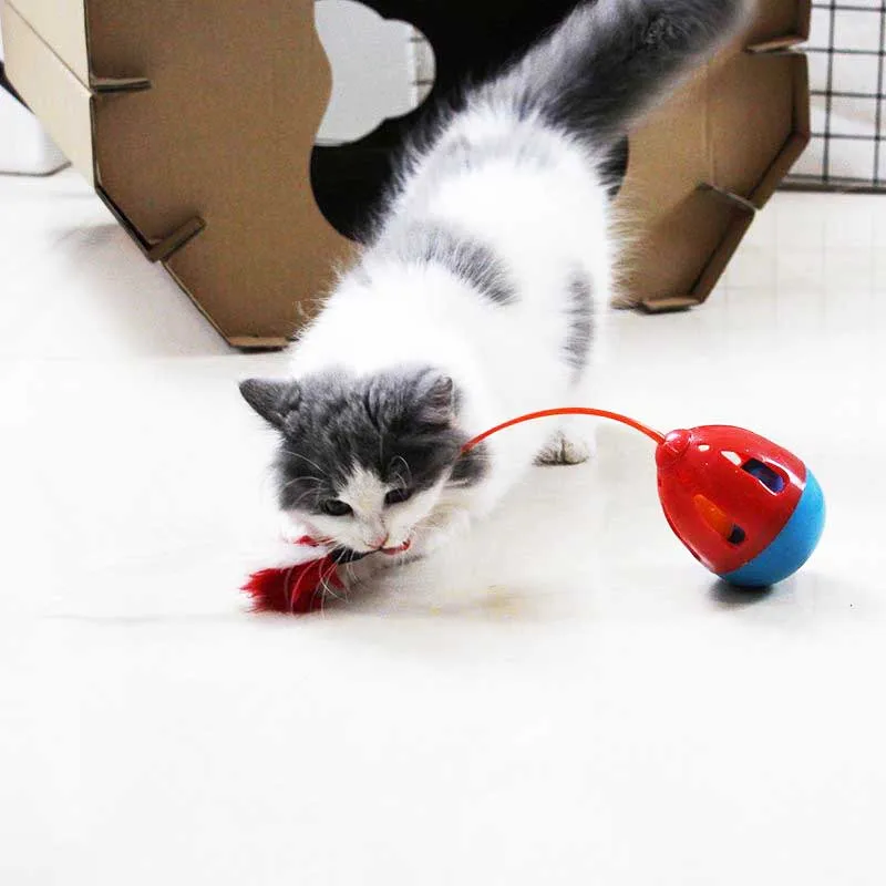 

pet cat tumbler leaky food bell feather chew with vocal toy natural feather game used of exercise training ndestructible cat toy