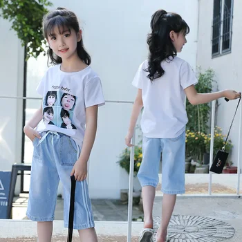 

Weixu 5-14 Years Toddler Girls Summer Clothing Head Printed White Top T-shirt + Soft Cowboy Pants Suits Kids Shcool Wear Outfits
