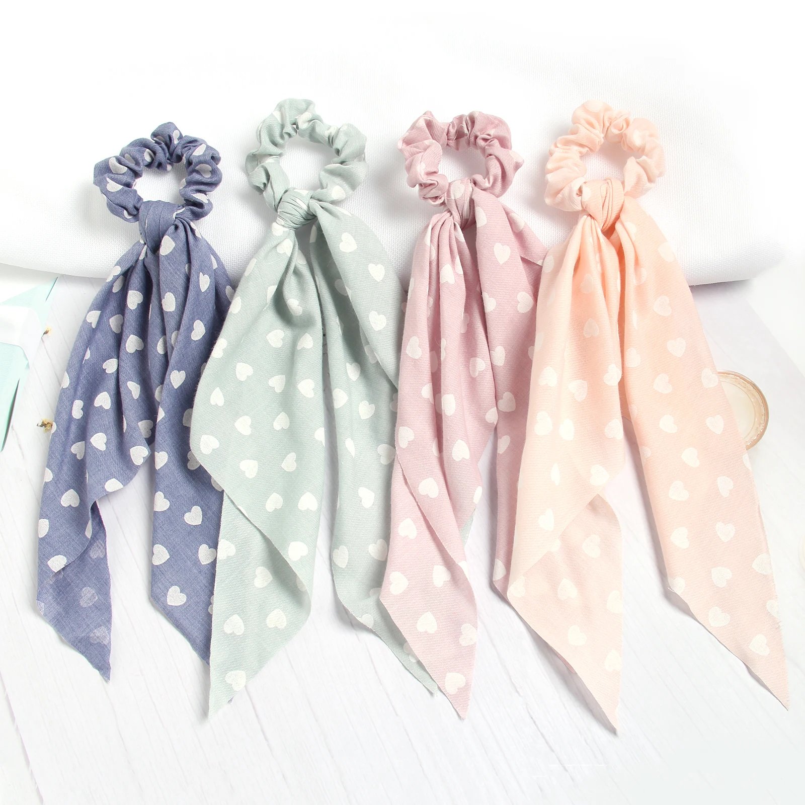 

Fashion women Heart-shaped Printted Hair Scrunchies Long Hair Ribbon Ponytail Scarf Sweet Elastic Hair Band Hair Accessories