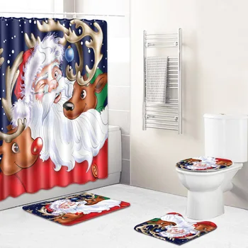 

Christmas Shower Curtain Mat Combination Four-Piece Set Bathroom Toilet Carpet Shower Room Mat Mat Cross-Border Hair