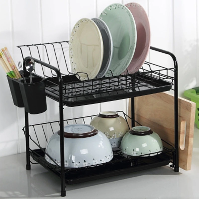 

Hot Sale Dish Rack Set 2-Tier Kitchen Organizer Tools Plate Spoon Storage Frame Steel Drain Bowl Rack Kitchen Dish Shelf