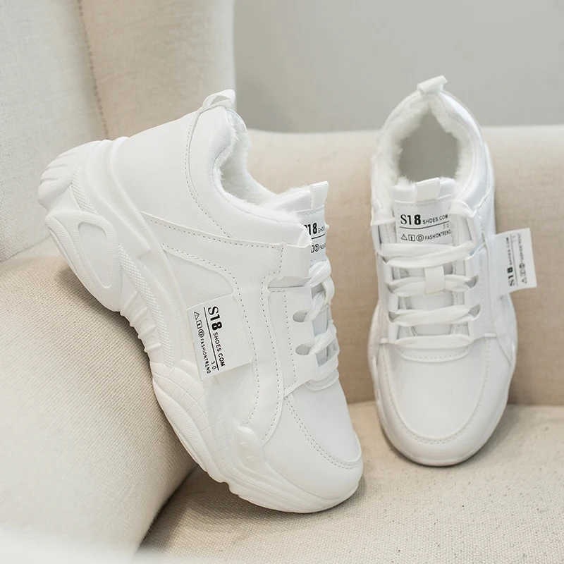 

Rimocy Womens White Platform Sneakers 2019 Winter Warm Shoes Woman Comfy 4cm Thick Bottom Student Solid Casual Shoes Women Beige