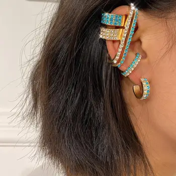 

8PCS Alternative Color Crystal Earcuffs Set Women Stud Clip-on Set Blue Long Border Ear Cuff Climber On Ear Earring