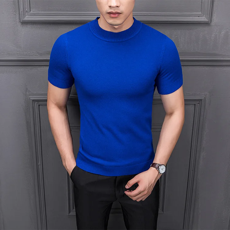camiseta de algodão masculino camisola meia gola alta qualidade sólida suga suor de yq roupas de malha casual manga curta pulôver