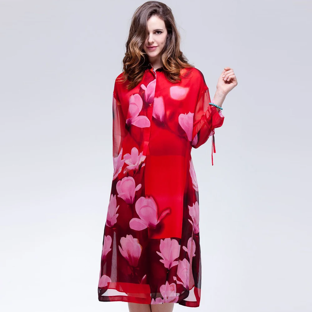 

Summer Luxurious Red Mid-Length Fashion Beach Straight Printed Three Quarter Split Mulberry Silk Dress