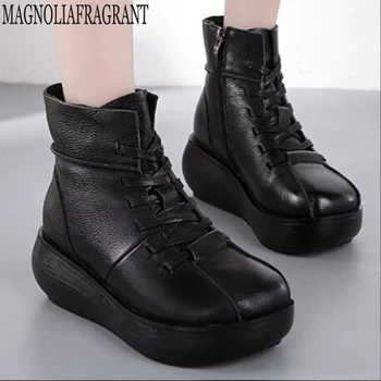 

New woman Ankl Boots Shoes Women spring Retro High Slope With The Comfortable Single Shoes Genuine Leather Short Boots y180