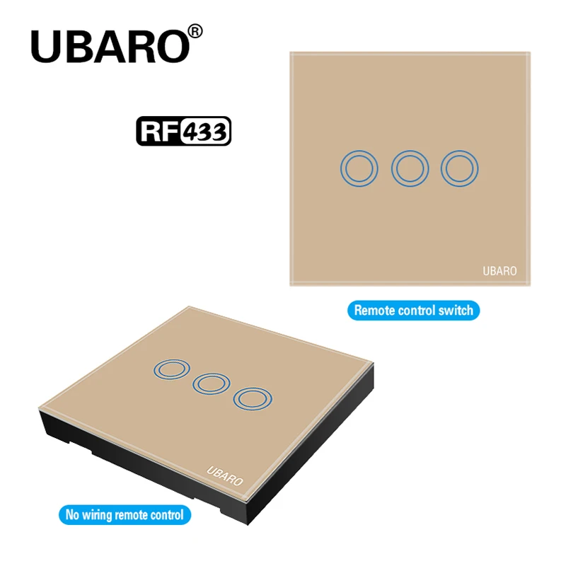 

UBARO Uk/EU Gold Crystal Glass Panel Wireless Remote Control Light Switch Wall Interuptor Wireless Touch Switches 2Gang 100-240V