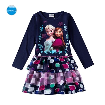 

JUXINSU Girls Froze Cartoon Cotton Long Sleeve Elegant Dresses Wave Point Cupcake Dress Autumn Winter for Baby Girl 2-6 Years