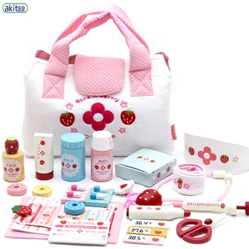 

akitoo Cloth bag simulation portable doctor medicine box nurse bag child role imitation play house game wooden toy #3237