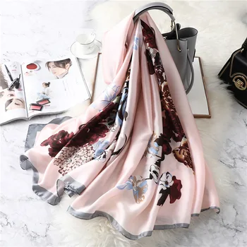 

2019 Luxury Brand Hijab Women Scarves Soft Black Pink Floral Print Silk Scarves Lady Shawl Wrap Pashmina Bandana Beach Stoles