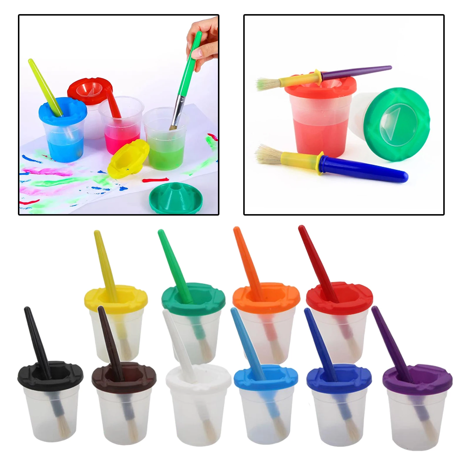 10 Pieces Children's No Spill Paint Cups With Colored Lids And 10 Pieces  Large Round Brush Set With Plastic Handles - Paint By Number Pens & Brushes  - AliExpress