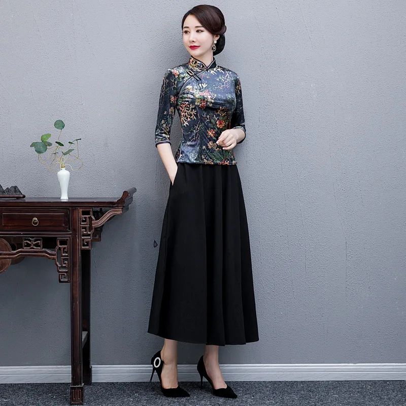 Винтаж ручной работы Кнопка Cheongsam 2 шт. Комплект женский традиционный цветочный принт Qipao Мода Атлас qipao Vestidos