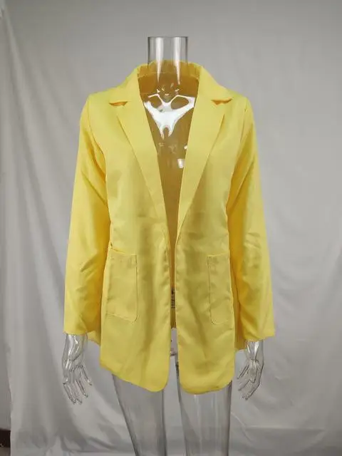 yellow Тонкий Женский блейзер Осенняя модная куртка Женский офисный однотонный Карманный деловой блейзер с вырезом Женское пальто плюс размер S-5XL - Цвет: yellow