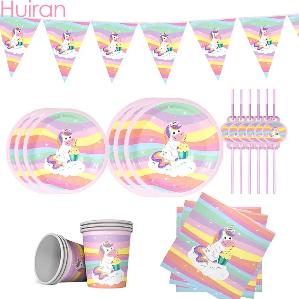

HUIRAN Unicorn Paper Plate Cups Napkin Unicorn Party Supplies Disposable Tableware Happy Unicorn Birthday Party Decor Kids