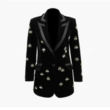 Европейский и американский женский осенне-зимний стиль длинный рукав лацкан пчела гвоздь бисера модное бархатное пальто