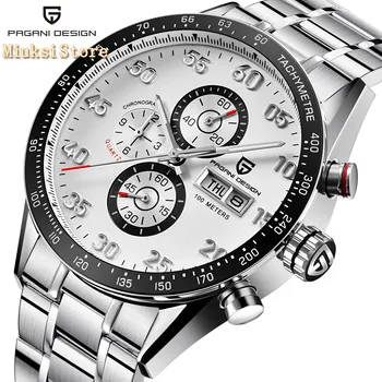 

Pagani design 42mm mens top watch silver case black dial multifunction quartz chronograph tachymeter watch
