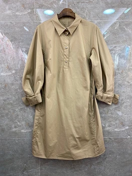 

2020 Spring and Summer New Women's Lapel zuan kou Decoration Plain Long-Sleeve Cotton Dress 421