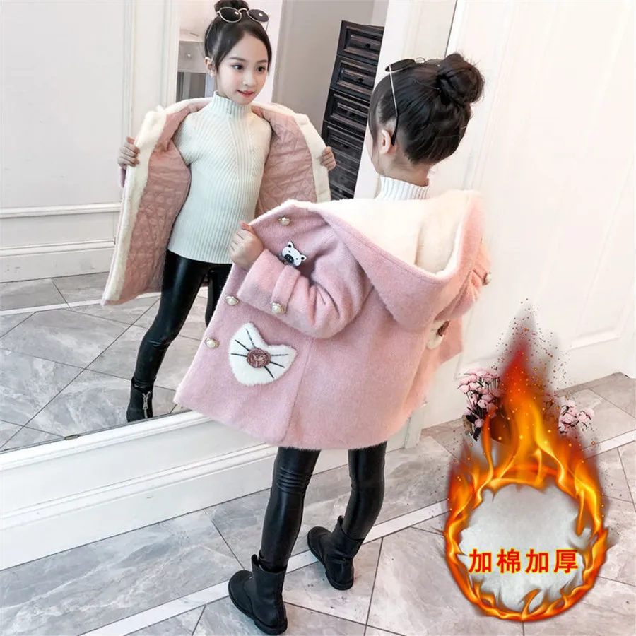 

3-14Y of Teens Girls' Woolen Jacket Coat Autumn 2021 New Kids Children's Hooded Fur Winter Wool Cotton Blends Outwear