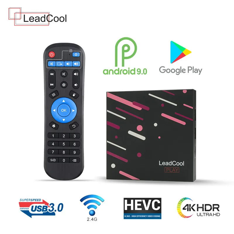 Leadcool Play Android tv Box H.265 4K Android 9,0 2G/4G 16G/64G RK3318 четырехъядерный USB 3,0 2,4G/5,8G двухдиапазонный WiFi телеприставка